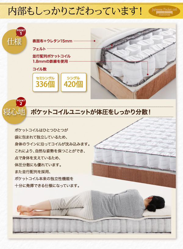 分割式ショート丈脚付きマットレスベッド【国産ポケットコイル