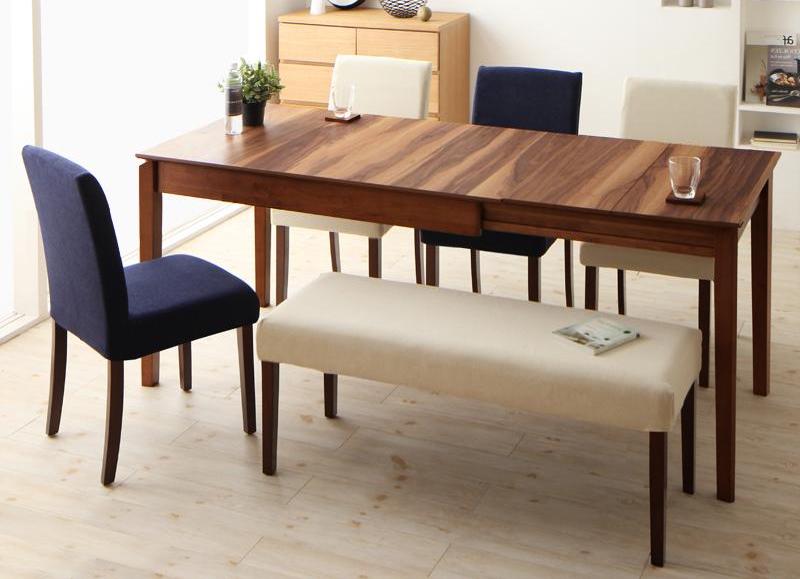 美しい木目の3段階伸縮テーブル カバーリングチェア・ベンチ 上質なダイニングテーブルセット