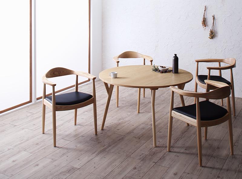 人気の円形スタイル天然木テーブル、レザー座面のデザイナーズチェアの北欧ダイニングセット